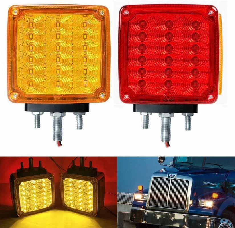 All Star Truck Parts 2pc Amber/Red 51 LED Clear Lens Double Face Stud Mount Pedestal Fender Stop Turn Tail Light Heavy Truck Trailer Peterbilt Freightliner Kenworth Mack Western Star Left & Right Side