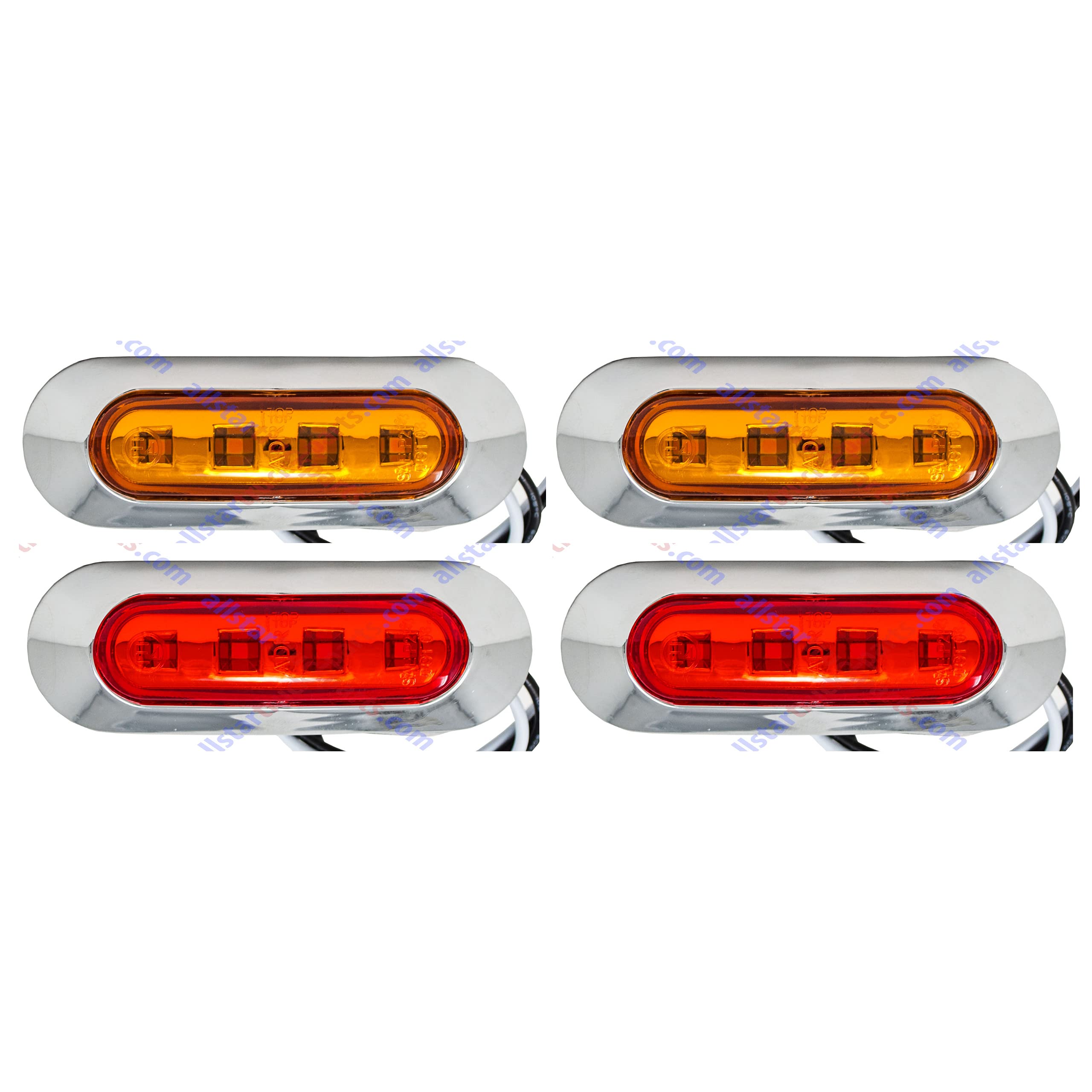 3.7" Oval Bar Style LED Lights Chrome Side/Rear Marker Clearance Truck Trailer Boat CAB RV Amber/Red Lens [4 LEDs] [Chrome Bezel] [IP 67 Submersible Waterproof]