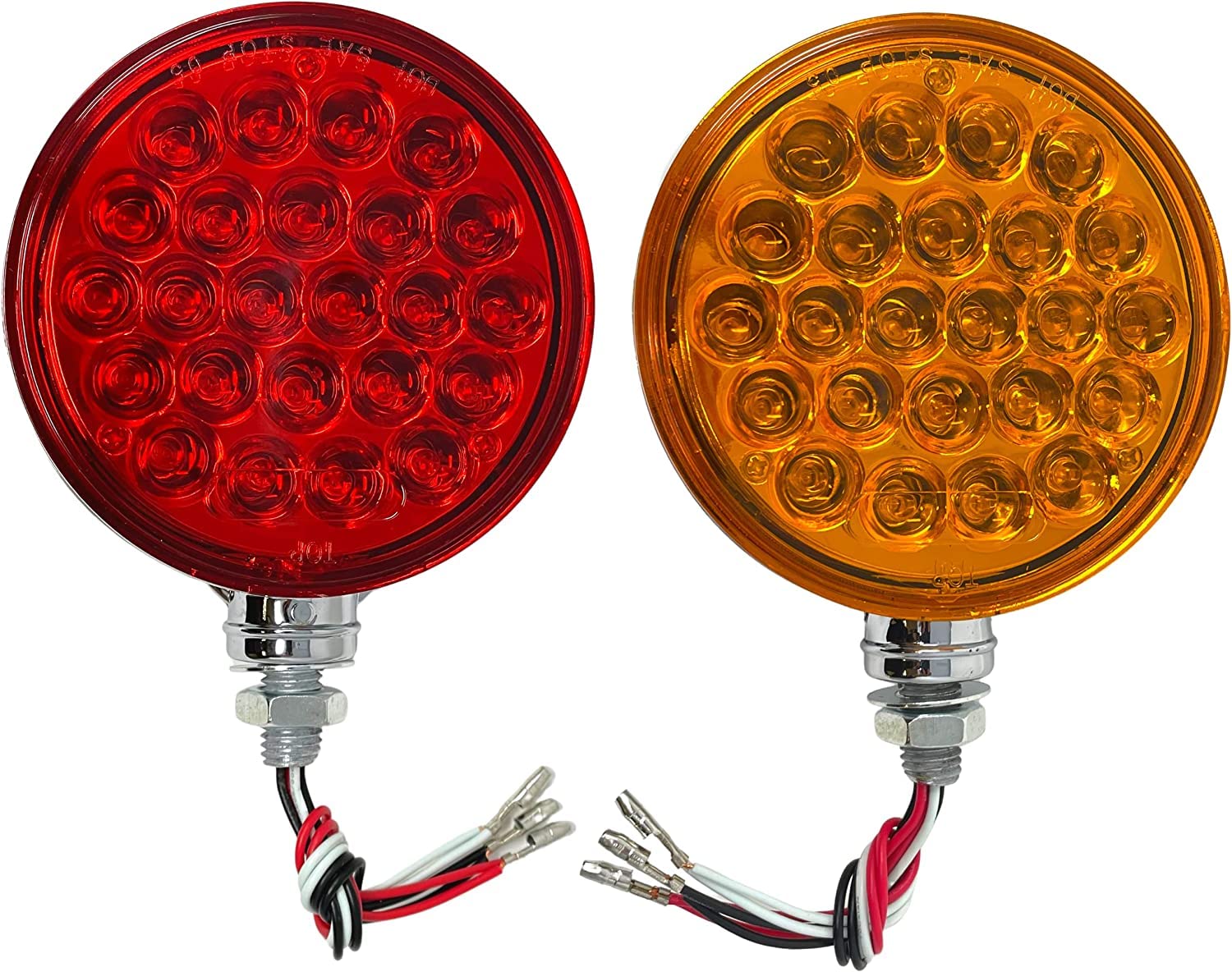 All Star Truck Parts 2pc Red/Amber 48 LED Round Double Face Chrome Stud Mount Pedestal Fender Stop Turn Tail Light Truck Trailer Peterbilt Freightliner Kenworth Mack Western Star 10-30V