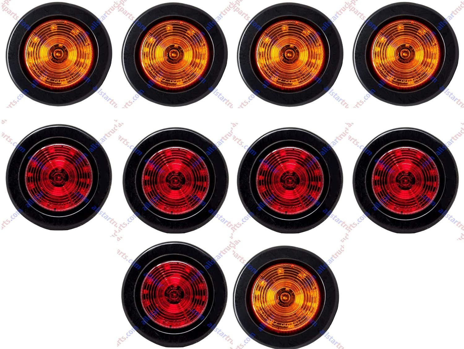 All Star Truck Parts] 2.5" Red/Amber 12 Led Round Side Marker Clearance Lights Grommet Flush Mount, Sealed Truck Trailer with Reflex Lens, IP67 Waterproof- Super Bright DOT SAE P2 FMVSS 180