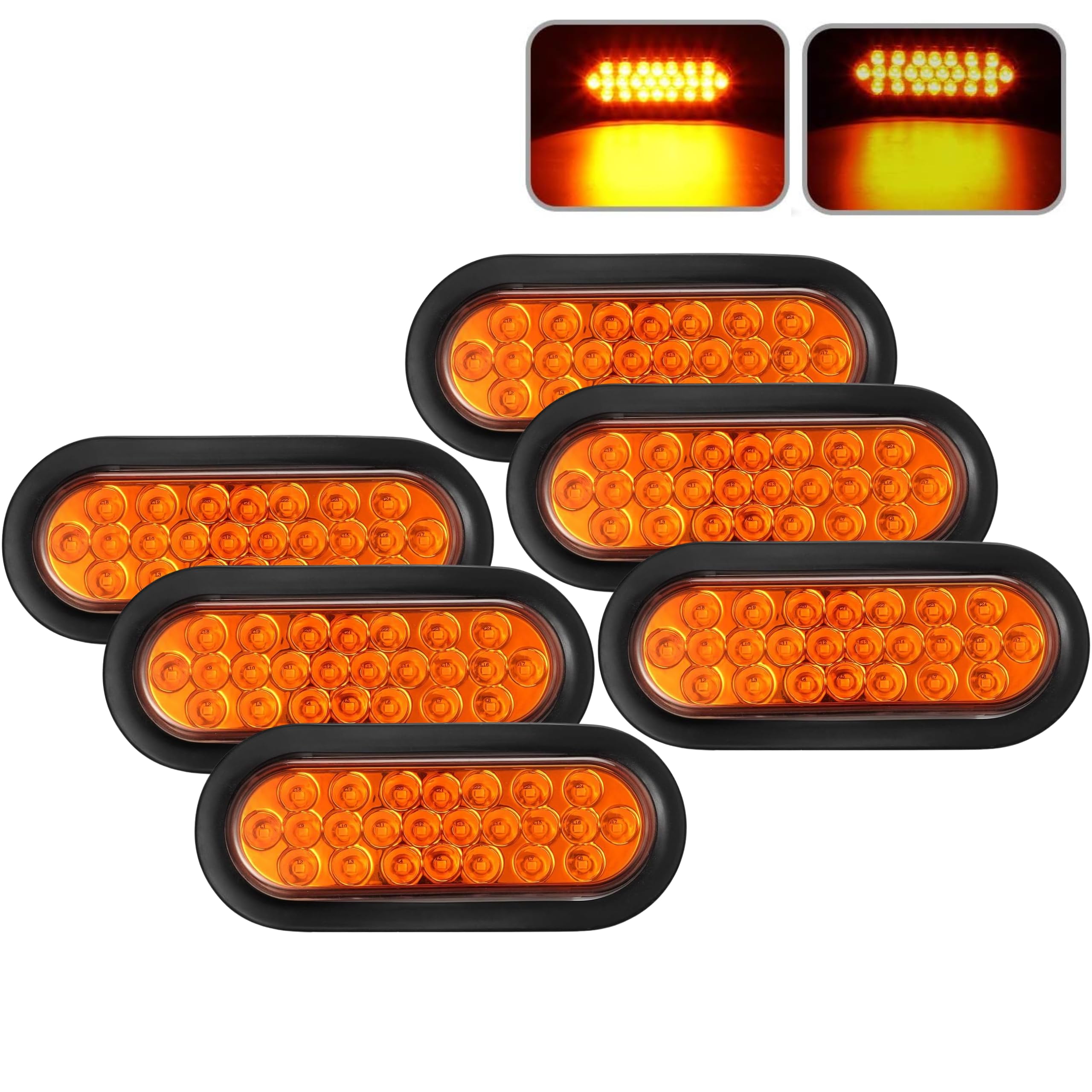 All Star Truck Parts] 6" Inch Amber Oval 24 LED Mid Turn Tail Signal Truck Light w Rubber Grommet+3 wire Pigtail Trailer Plug - DOT/SAE Approved and Marked, Waterproof, Super Bright!