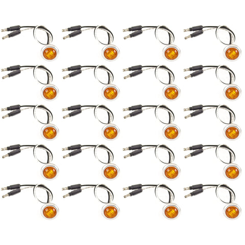 20x Amber - 3/4" (.75") Mini Round Clearance 3 LED Chrome Ring Front Rear Indicator Bullet Side Marker Light 304 Stainless Steel Base Truck RV Car Bus Trailer Pickup Van Caravan Boat Sealed Waterproof