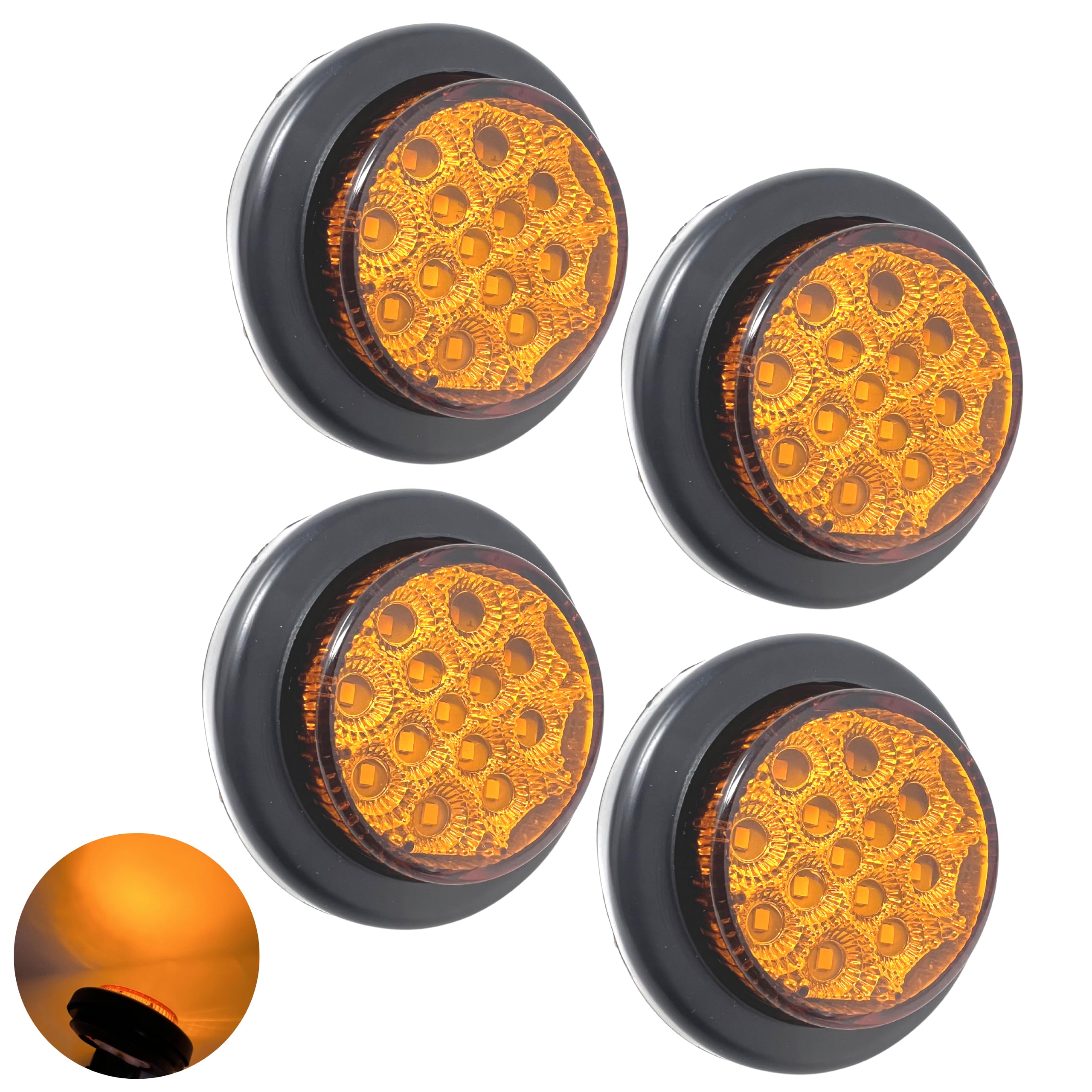 All Star Truck Parts 2" Round Amber/Red 13 LED Light Side Marker Clearance Reflector Lens Rubber Grommet + Removable 2 Wire Pigtail Plug IP67 Waterproof Trailers RV's Trucks Off Road Dump Truck 12V