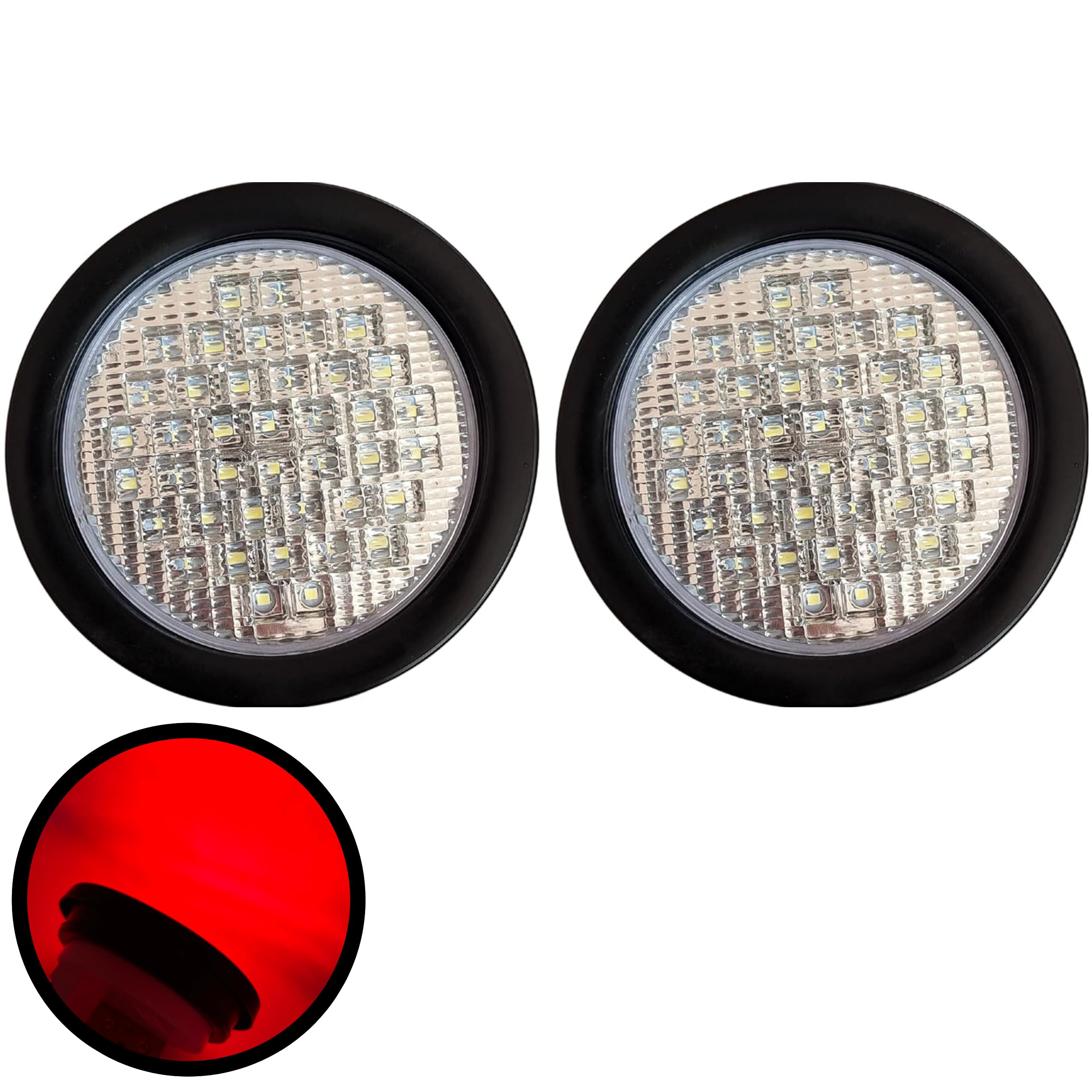 All Star Truck Parts] 4" Inch Round 40 LED Diodes Stop Turn Tail Reverse Backup Signal Sealed Lights Red/White/Amber Assembly Rubber Mount for Trucks Trailers RV Boat Waterproof