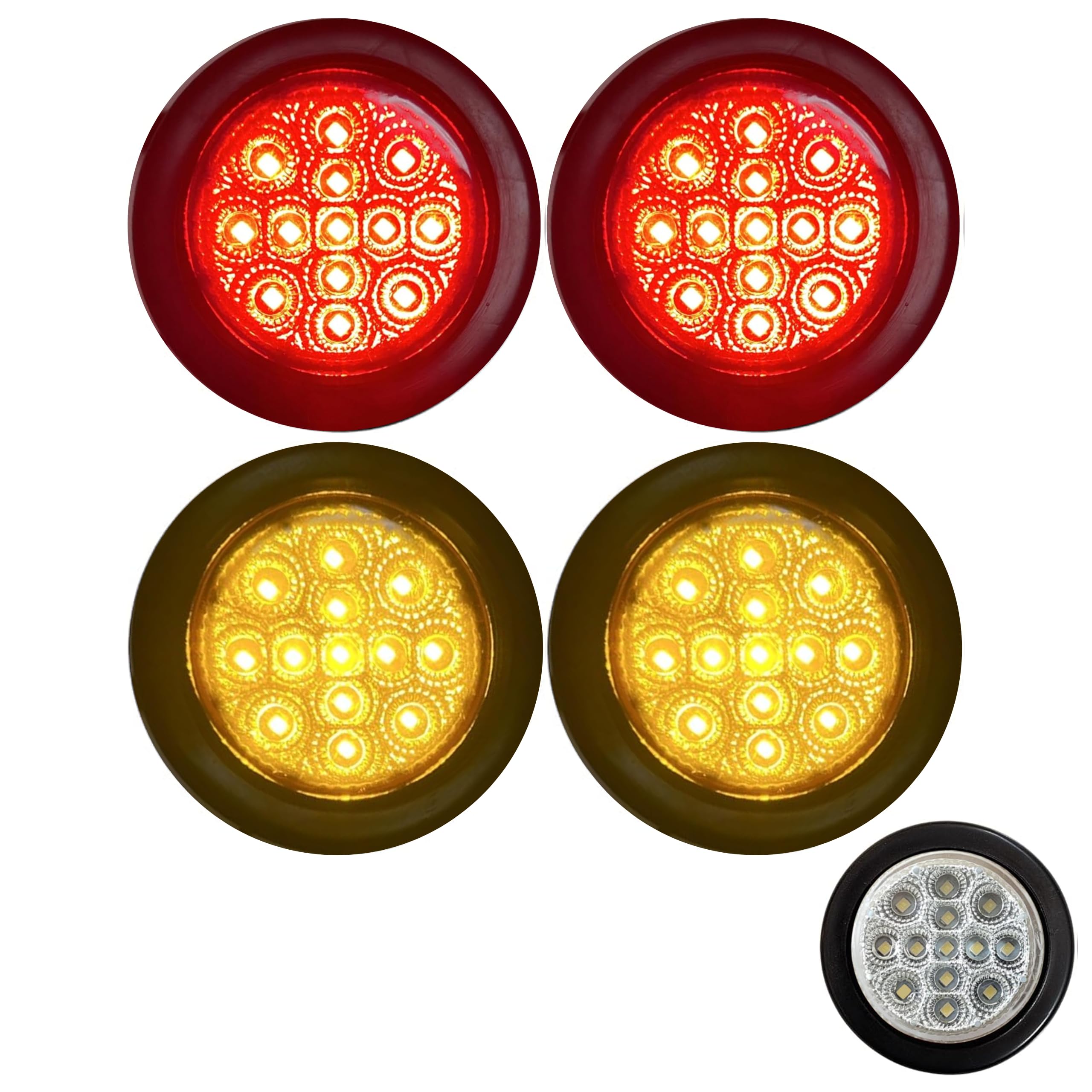 All Star Truck Parts 2" Round Amber/Red 13 LED Light Side Marker Clearance Clear Lens Reflector Lens Rubber Grommet + Removable 2 Wire Pigtail Plug IP67 Waterproof Trailers RV's Trucks Off Road 12V