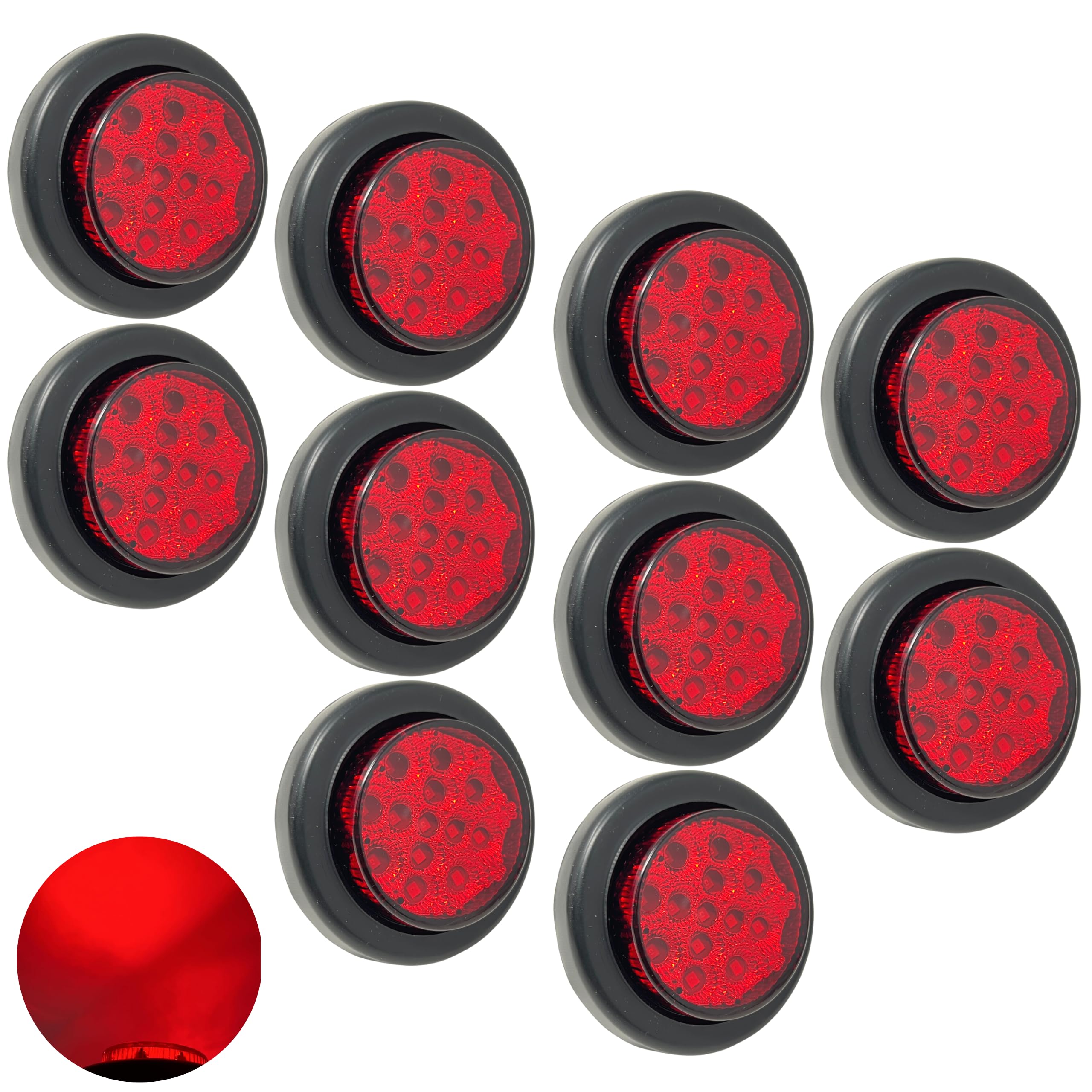 All Star Truck Parts 2" Round Amber/Red 13 LED Light Side Marker Clearance Reflector Lens Rubber Grommet + Removable 2 Wire Pigtail Plug IP67 Waterproof Trailers RV's Trucks Off Road Dump Truck 12V