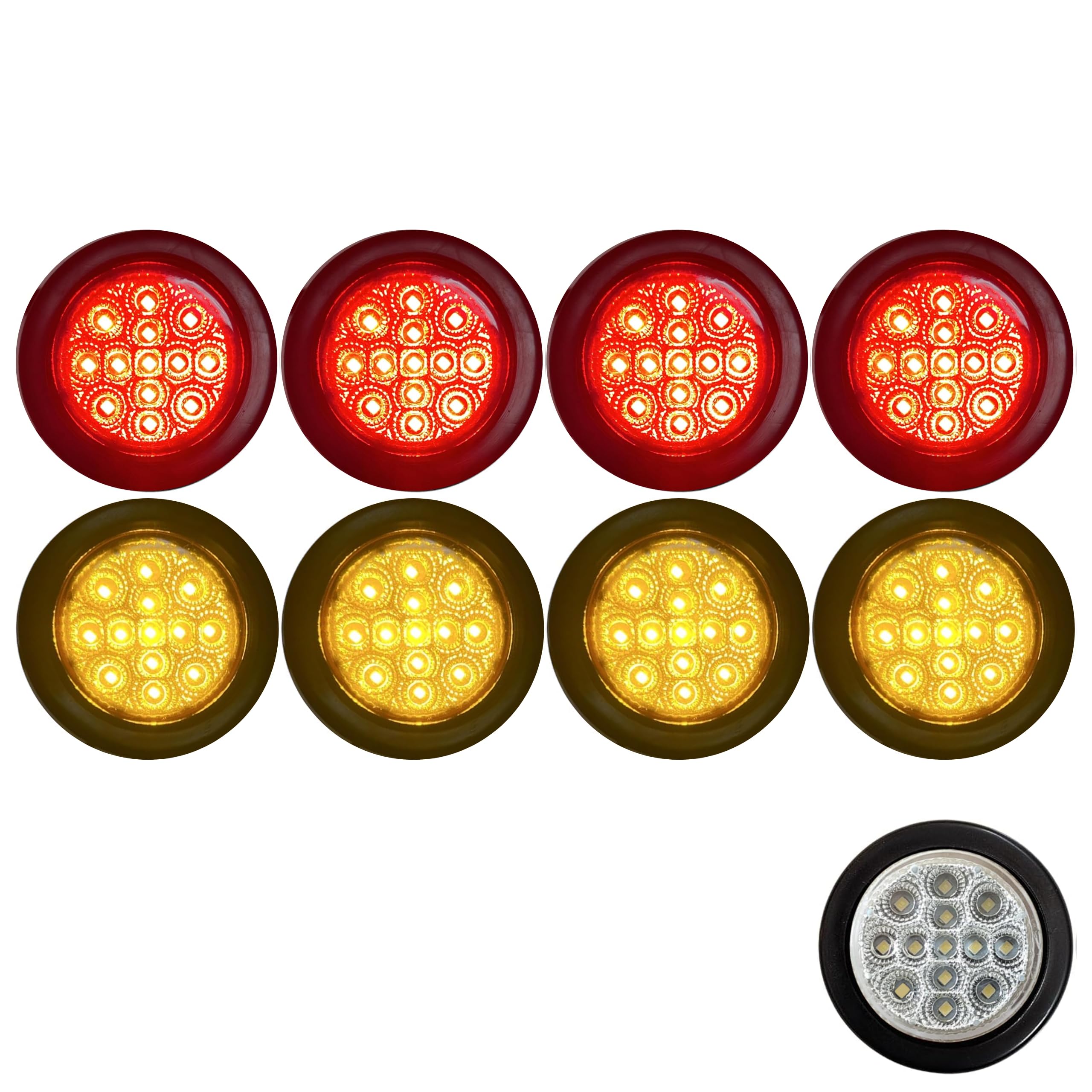 All Star Truck Parts 2" Round Amber/Red 13 LED Light Side Marker Clearance Clear Lens Reflector Lens Rubber Grommet + Removable 2 Wire Pigtail Plug IP67 Waterproof Trailers RV's Trucks Off Road 12V