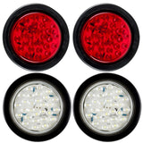 Qty 2 Red + Qty 2 White: 4" Inch Red/White 28 LED Round Stop/Turn/Tail + Reverse/Backup Brake Truck Lights with Rubber Grommet & Wiring Trailer Truck RV 12V