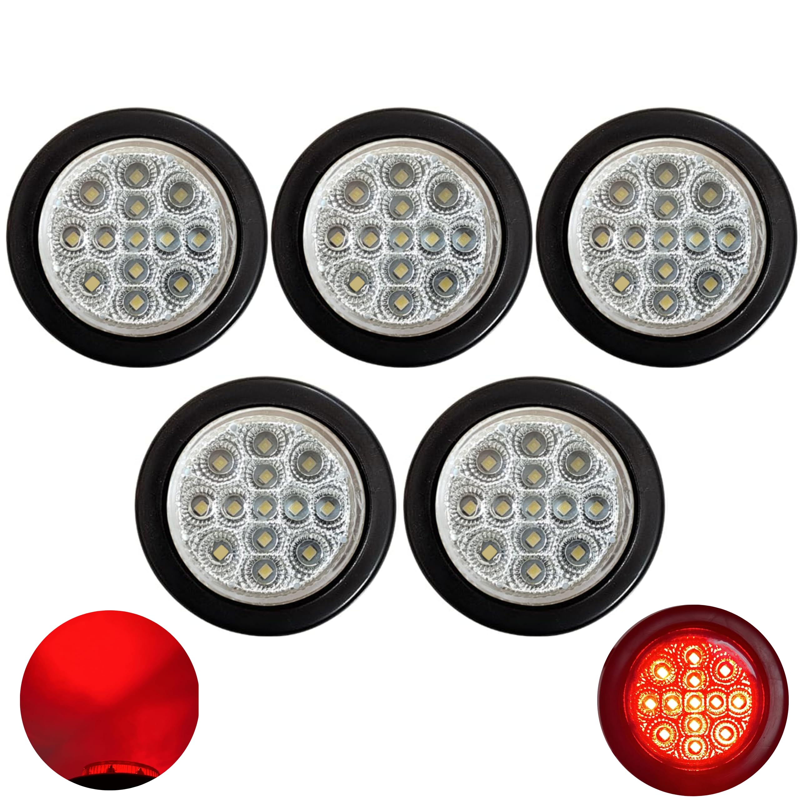 All Star Truck Parts 2" Round Amber/Red 13 LED Light Side Marker Clearance Clear Lens Reflector Lens Rubber Grommet + Removable 2 Wire Pigtail Plug IP67 Waterproof Trailers RV's Trucks Off Road 12V