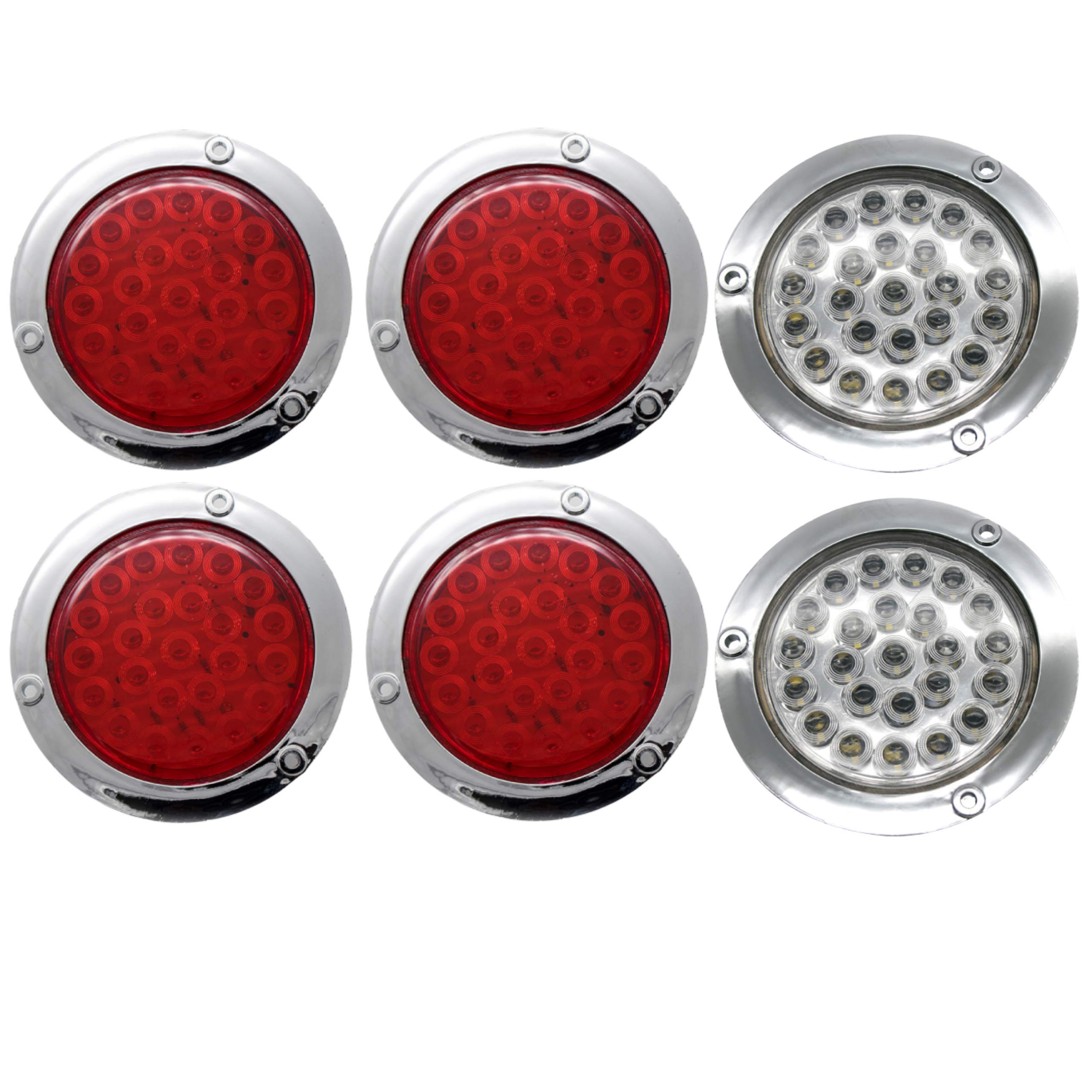 Red/White/Amber 4" Round LED Trailer Tail Light 24 LED Chrome Bezels Stop Turn Tail Brake Signal/Reverse Backup/Marker Lights Trucks Trailer RV Camper Dump Truck Waterproof