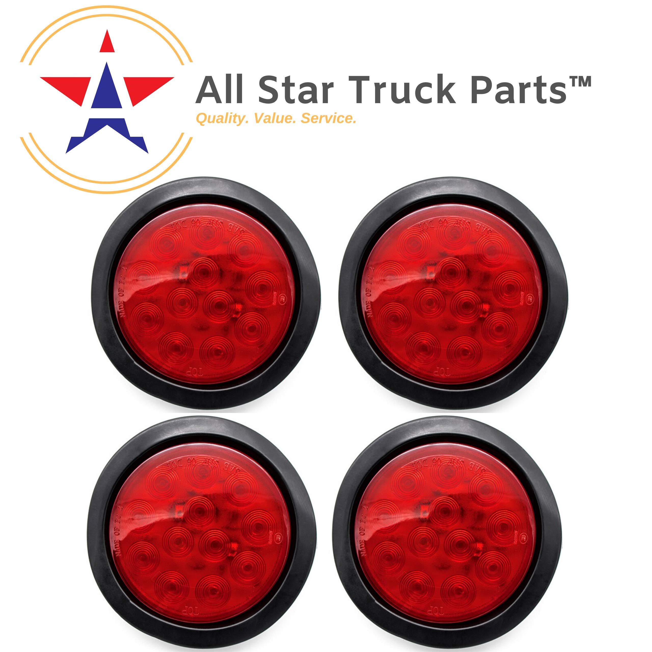 All Star Truck Parts] 4" Inch White Red Amber 12 LED Round Stop/Turn/Tail/Reverse/Backup/Mid Turn/Signal Trailer Light Kit with 3 wire Pigtail Plug & Grommet