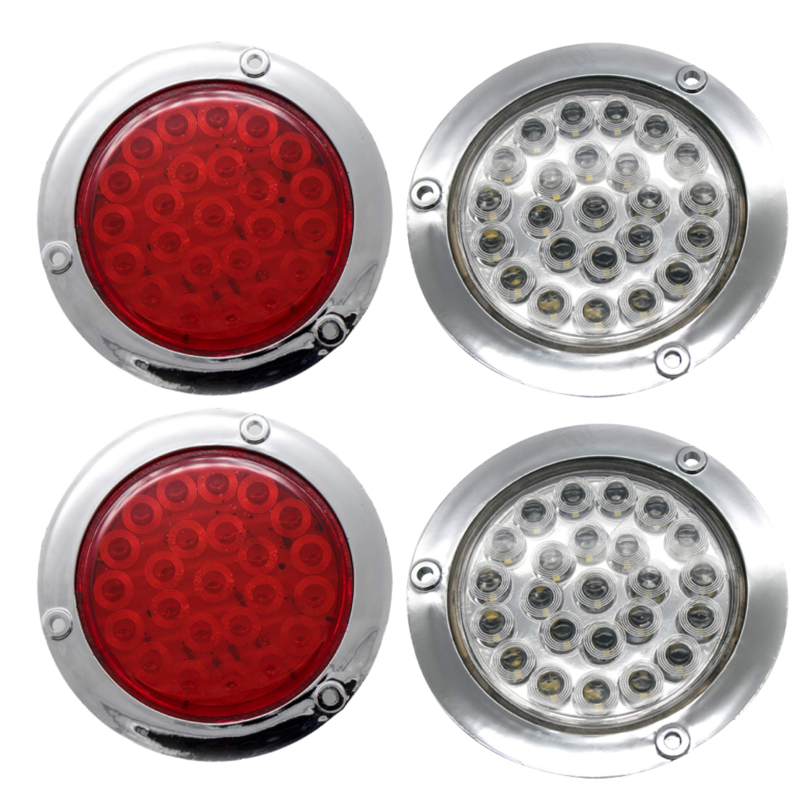 Red/White/Amber 4" Round LED Trailer Tail Light 24 LED Chrome Bezels Stop Turn Tail Brake Signal/Reverse Backup/Marker Lights Trucks Trailer RV Camper Dump Truck Waterproof