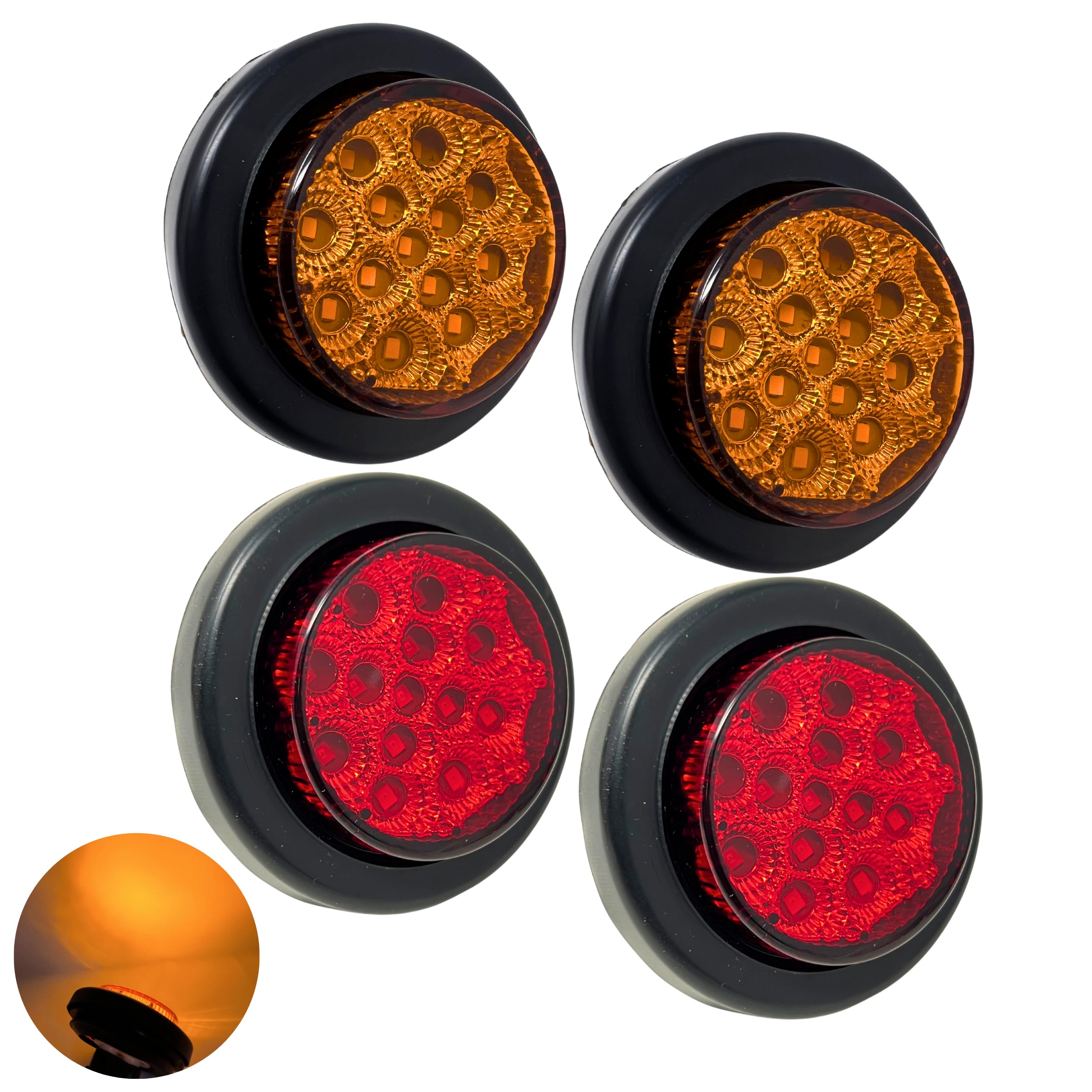 All Star Truck Parts 2" Round Amber/Red 13 LED Light Side Marker Clearance Reflector Lens Rubber Grommet + Removable 2 Wire Pigtail Plug IP67 Waterproof Trailers RV's Trucks Off Road Dump Truck 12V