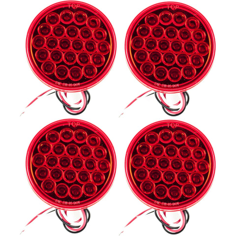 [4x] 4" Round LED Trailer Tail Light Red 24 LED Stop Turn Tail Parking Signal Brake Marker Running Lights 3 Wire Pigtail Plug Trucks Trailer RV Boat Dump Truck Camper IP67 Waterproof DOT Approved 12V