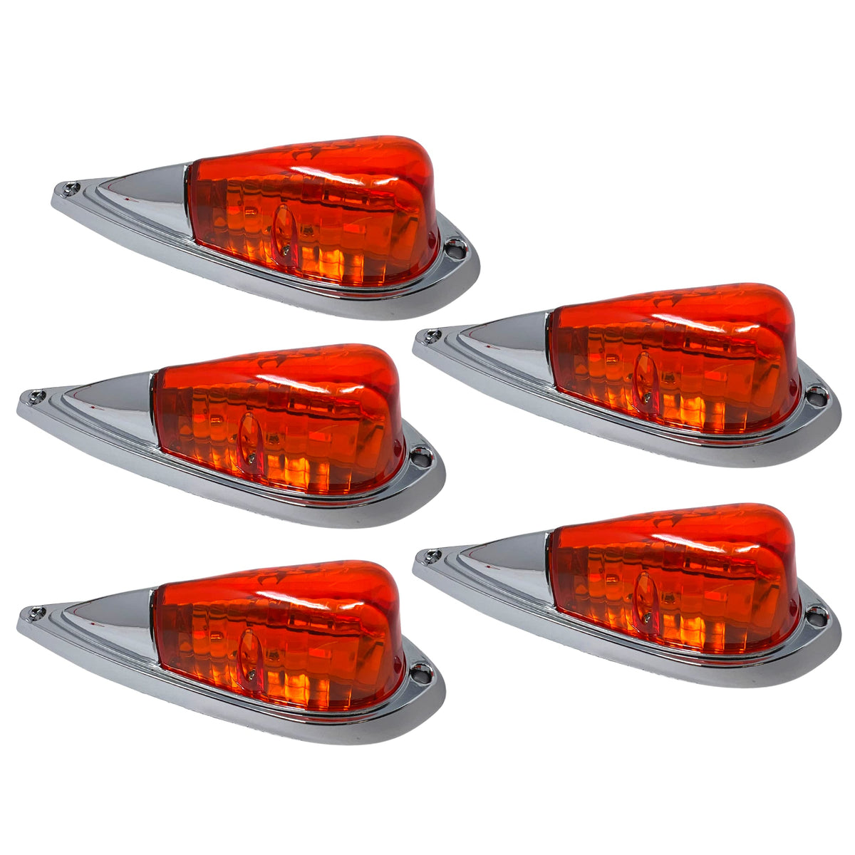 5X Amber 6 LED Teardrop Cab Marker Lights Kit [Chrome Base] [DOT FMVSS 108] [SAE P2PC] [Universal Fit] Teardrop Cab Lights for Truck RV Van Ford F250 F350 Dodge Chevrolet Silverado Ram