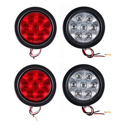 All Star Truck Parts 4" Inch Round 7 LED Red/White Trailer Tail Lights Kit Round Led Stop Turn Tail Back-up Reverse Fog Lights Reflective Lens Grommet 3-Prong Wire Pigtails for Truck Trailer RV 12V