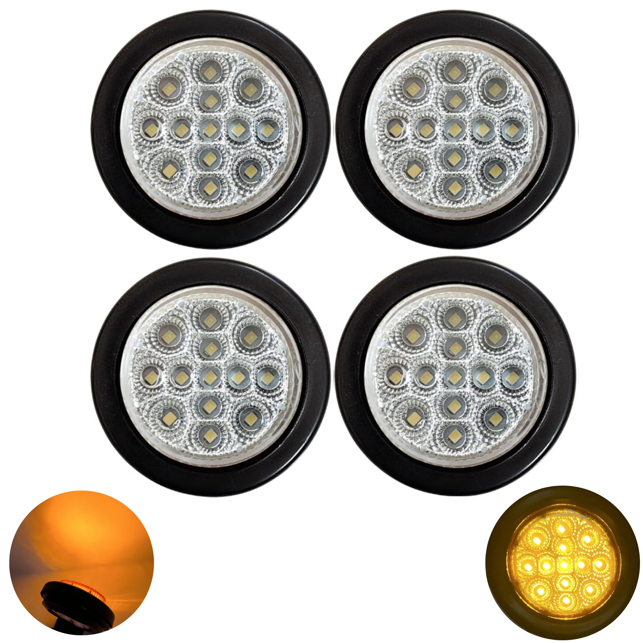 All Star Truck Parts 2" Round Amber/Red 13 LED Light Side Marker Clearance Clear Lens Reflector Lens Rubber Grommet + Removable 2 Wire Pigtail Plug IP67 Waterproof Trailers RV's Trucks Off Road 12V