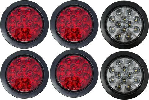 4" Inch 12 LED Round Stop/Backup/Reverse Truck Trailer Tail Light Kit w. Grommet & Pigtail - 4 Red + 2 White …