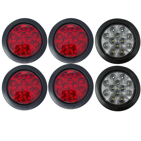 6 Pcs 4" Inch Round 12 LED Trailer Tail Lights Kit Round Led Stop Turn Tail Back-up Reverse Fog Lights Reflective Lens Grommet 3-Prong Wire Pigtails for Truck Trailer RV Bus Jeep 12V (4 Red + 2 White)