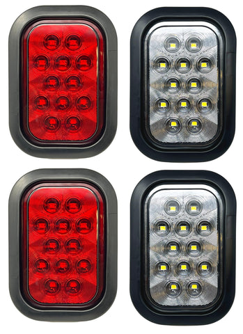 All Star Truck Parts 5x3 Red/White Rectangle Light 12 LED Stop/Turn/Tail Backup/Reverse Tow Truck Semi Trailer CM Flatbed Reading Postal Hitch Mounted RV Bus Grommet 3 Wire Pigtail Plug Kit 12V IP67