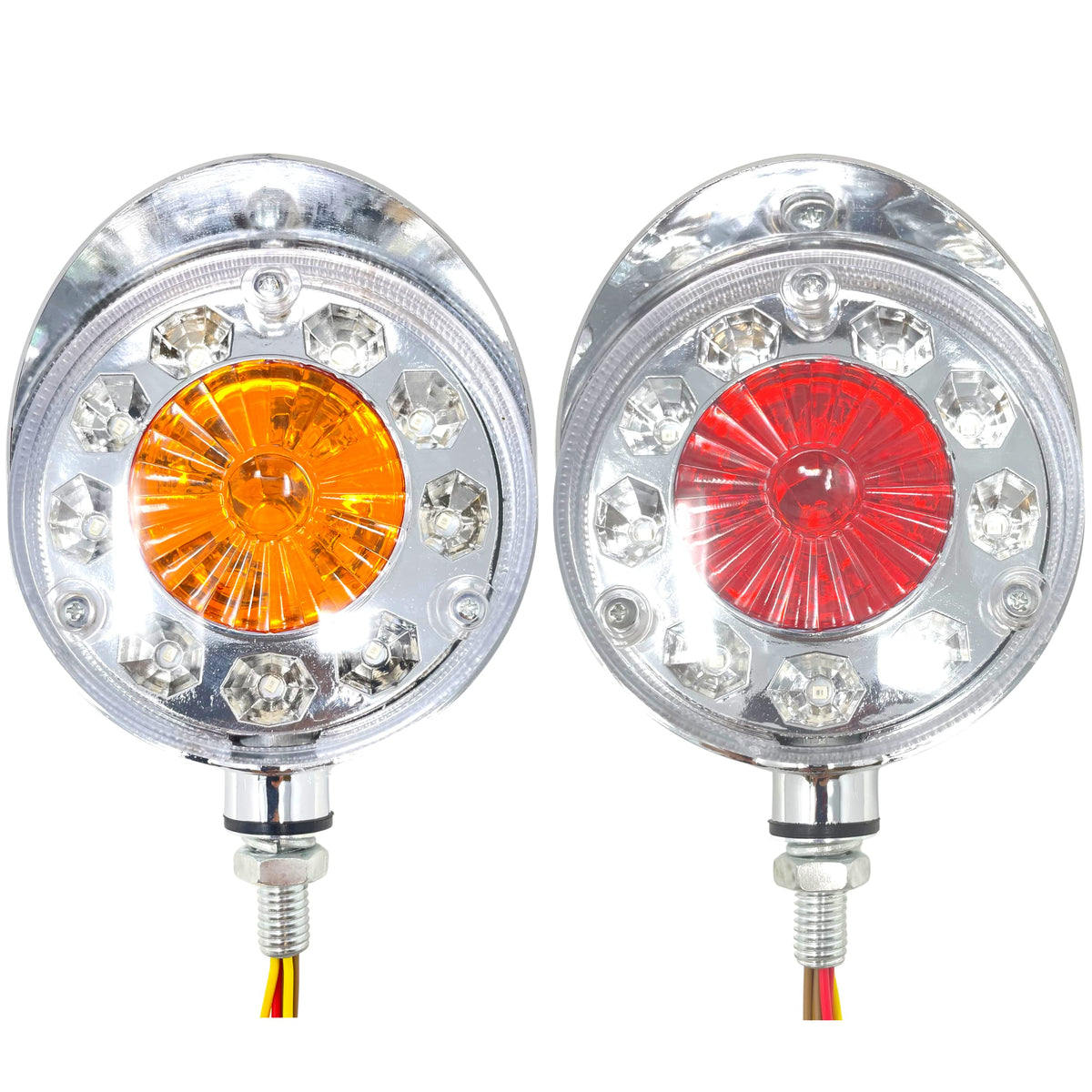 All Star Truck Parts] 2pc Amber/Red 28 LED Double Face Stud Mount Pedestal Fender Stop Turn Tail Light for Truck Trailer Peterbilt Freightliner Mack Western Star. Left and Right Side Lights