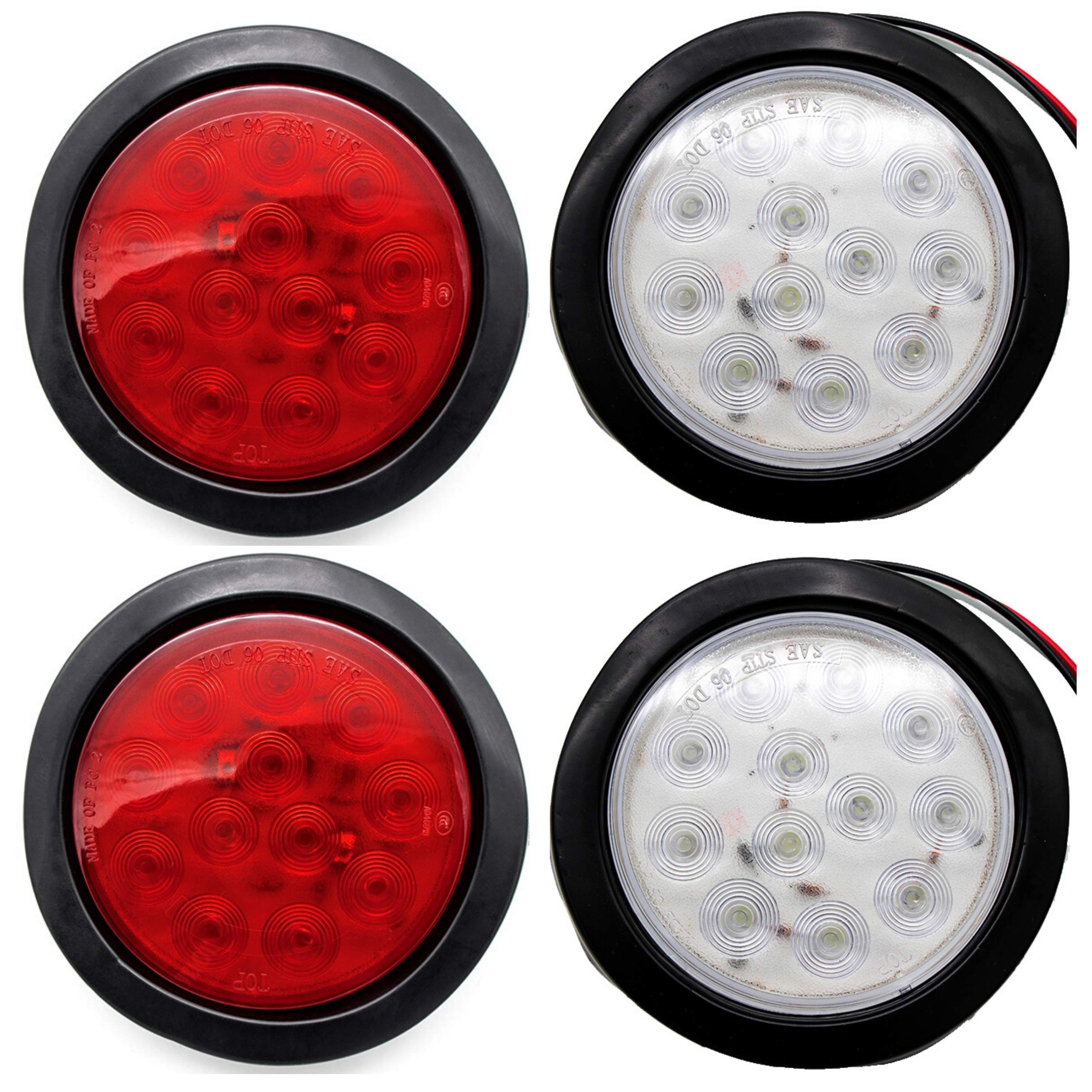 All Star Truck Parts] 4" Inch White Red Amber 12 LED Round Stop/Turn/Tail/Reverse/Backup/Mid Turn/Signal Trailer Light Kit with 3 wire Pigtail Plug & Grommet