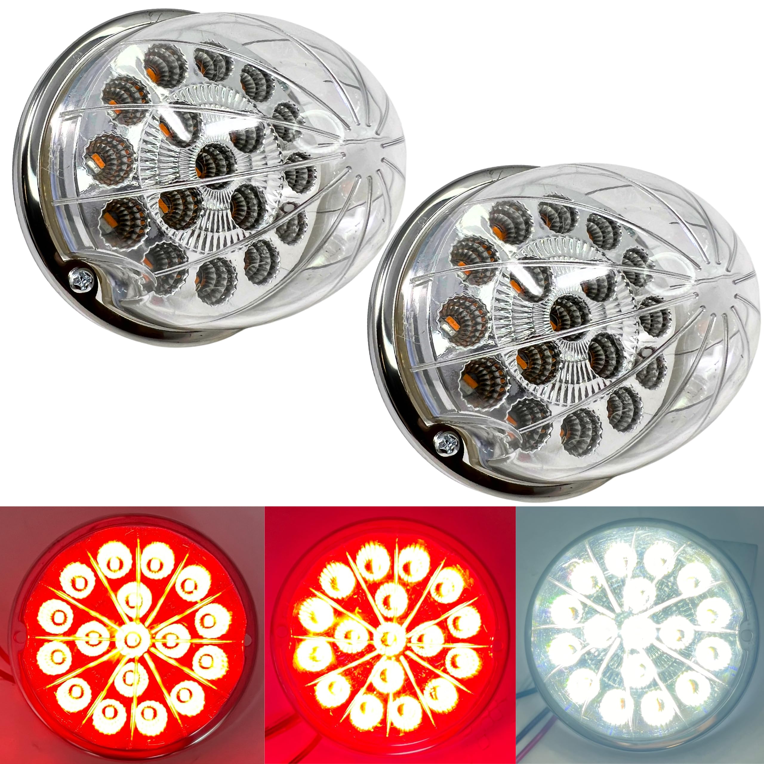 2PCS Dual Revolution Turn Signal Marke to Auxiliary 17 LED Watermelon Lights Clear Lens & Stainless Steel Bezel Marker Lights for Freightliner Kenworth Peterbilt Trailer Heavy Trucks