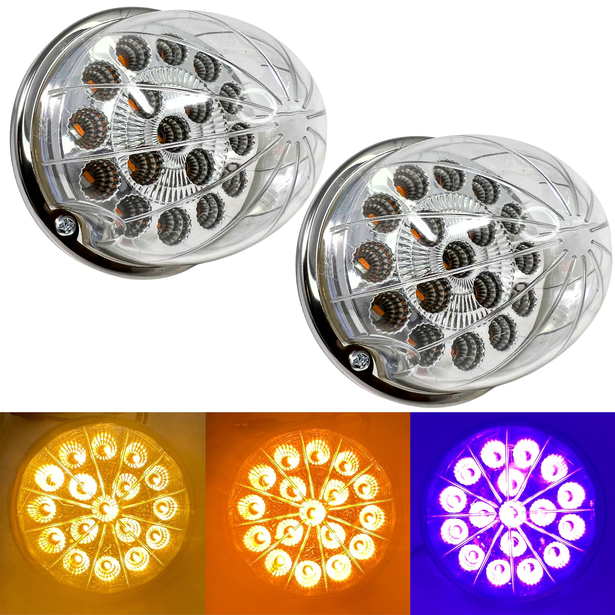 2PCS Dual Revolution Turn Signal Marke to Auxiliary 17 LED Watermelon Lights Clear Lens & Stainless Steel Bezel Marker Lights for Freightliner Kenworth Peterbilt Trailer Heavy Trucks