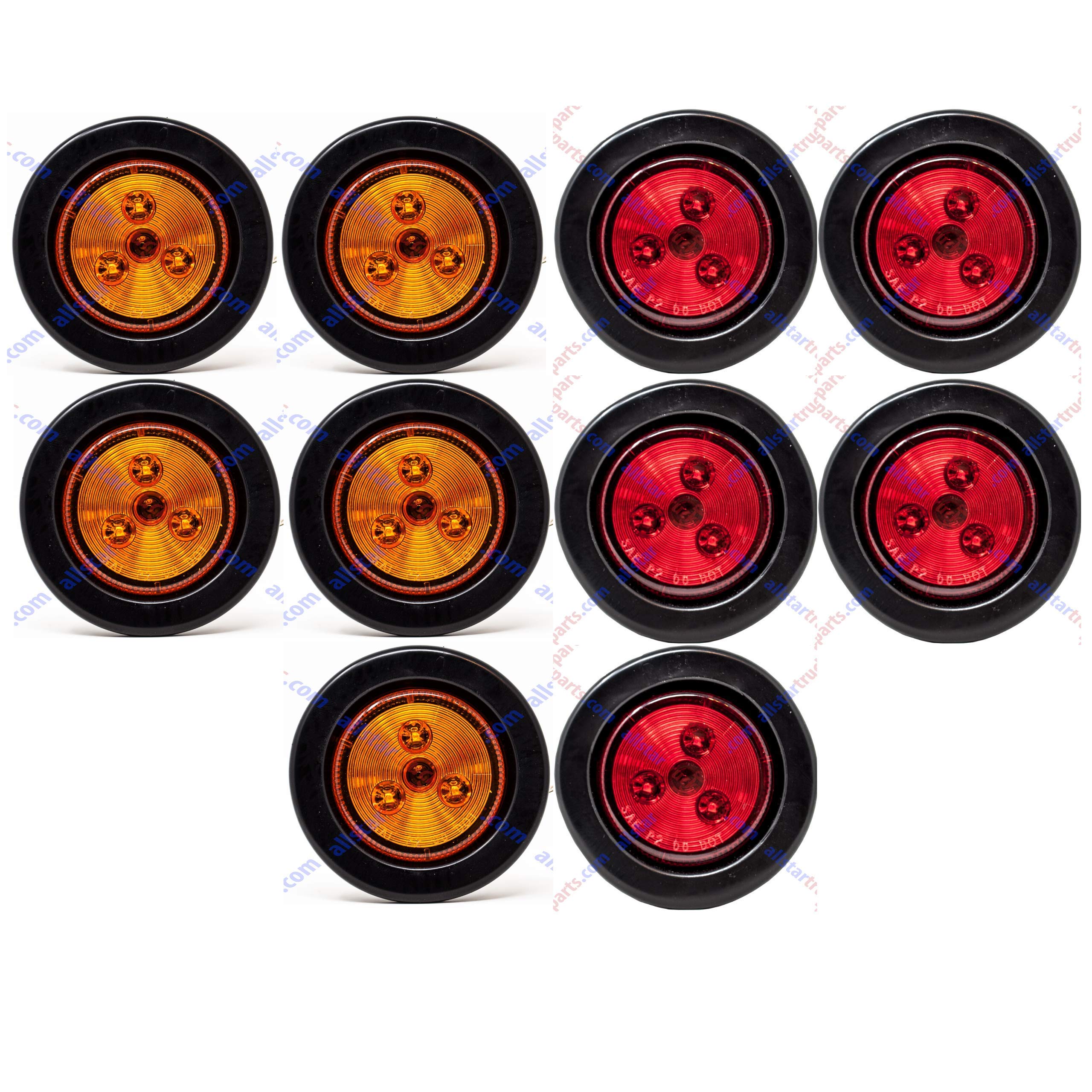 Red/Amber 2" Round Trailer 9 LED Clearance Side Marker Lights [DOT FMVSS 108] [SAE P2] [Reflector Lens] [Grommet+Plug] [Flush-Mount] [Waterproof IP67] Marker Clearance Lights Trailer Truck