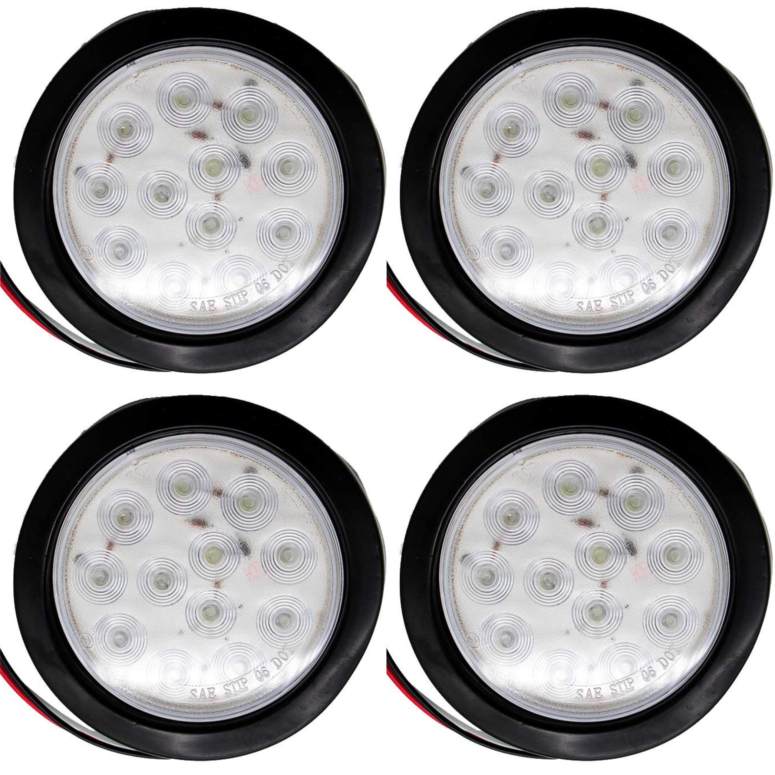 All Star Truck Parts] 4" Inch White Red Amber 12 LED Round Stop/Turn/Tail/Reverse/Backup/Mid Turn/Signal Trailer Light Kit with 3 wire Pigtail Plug & Grommet