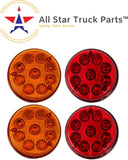 4 PC 3-1/7" Round LED Light Chrome Side Marker Clearance S/T/T 3 Wire Design [2 Screw Surface Mount] [9 LEDs] [Chrome Base] [IP 67] for Trailers - 2 Red and 2 Amber