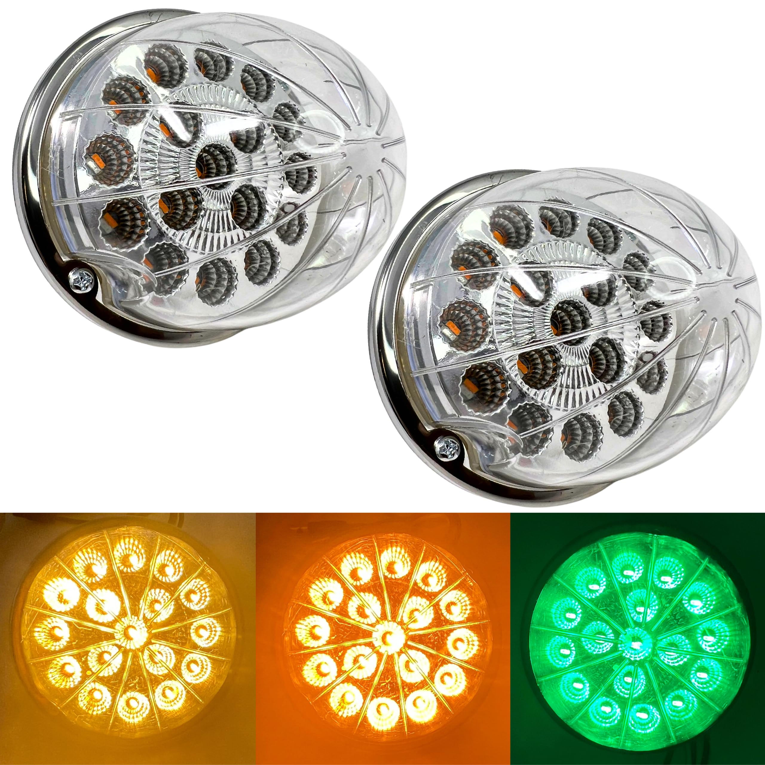 2PCS Dual Revolution Turn Signal Marke to Auxiliary 17 LED Watermelon Lights Clear Lens & Stainless Steel Bezel Marker Lights for Freightliner Kenworth Peterbilt Trailer Heavy Trucks