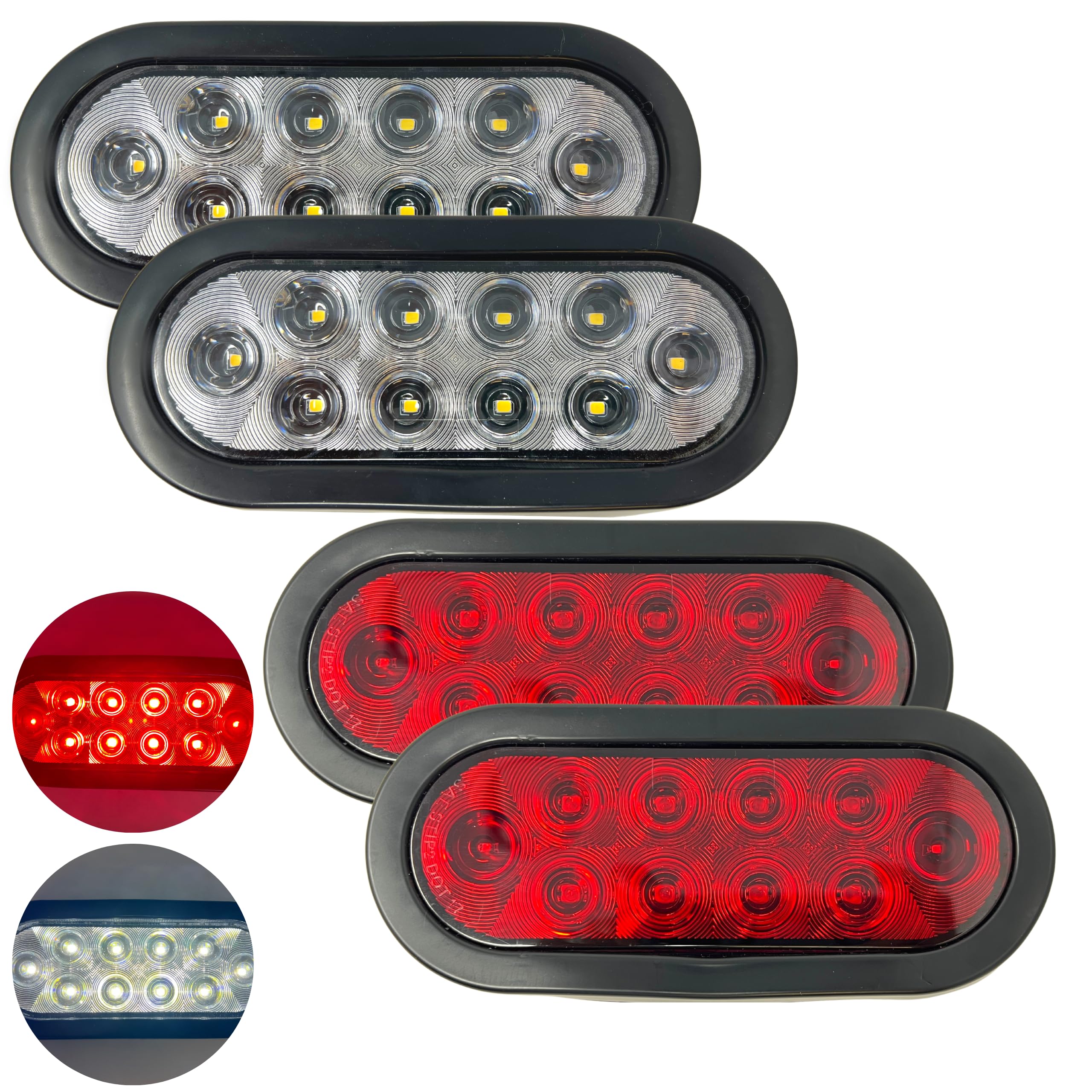 Red/White/Amber 6" Oval 10 LED Trailer Stop Turn Tail Light Kit DOT Certified Grommets Plugs IP67 Waterproof Mid Turn Parking Reverse Back Up Signal Headache Rack Backrack