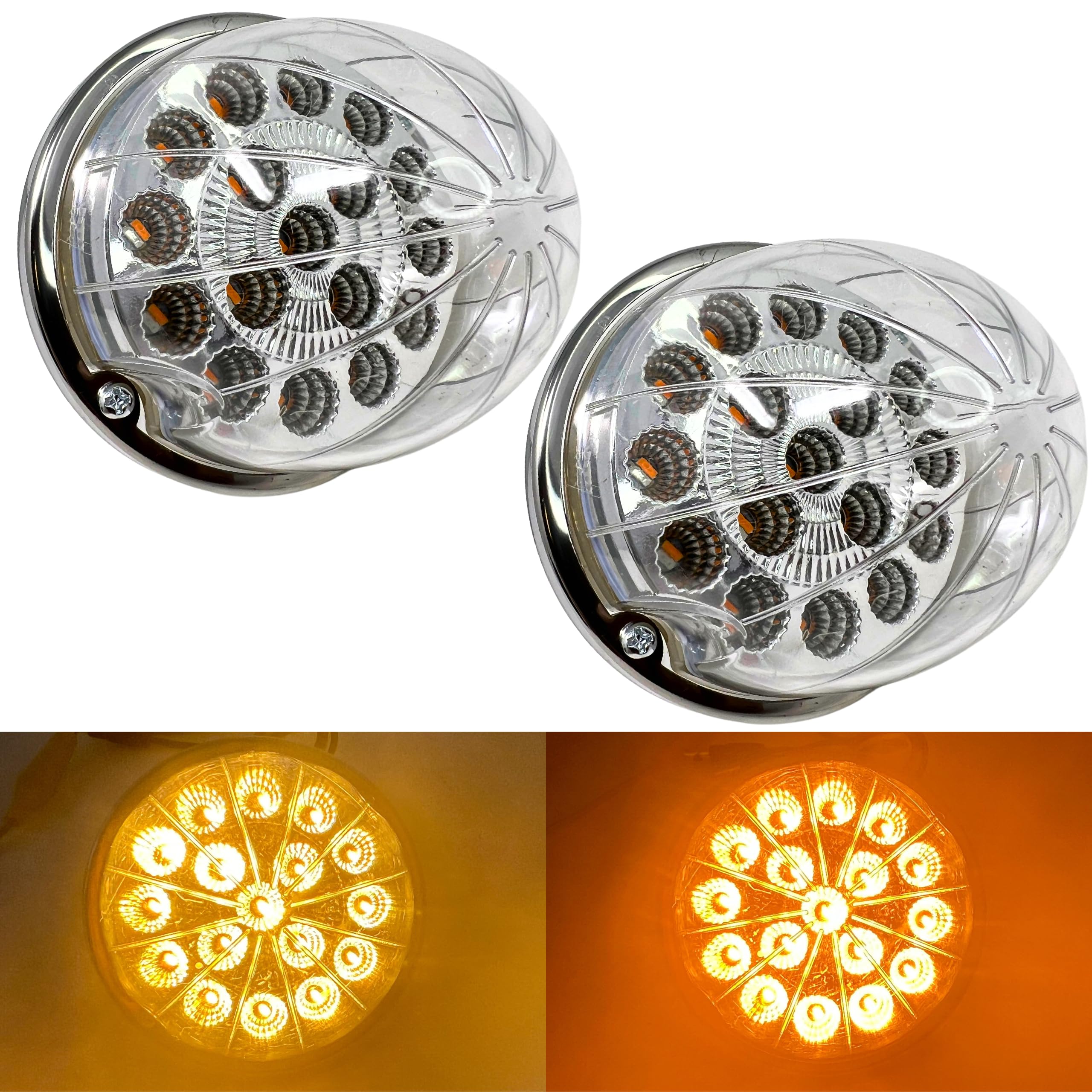 2PCS Dual Revolution Turn Signal Marke to Auxiliary 17 LED Watermelon Lights Clear Lens & Stainless Steel Bezel Marker Lights for Freightliner Kenworth Peterbilt Trailer Heavy Trucks