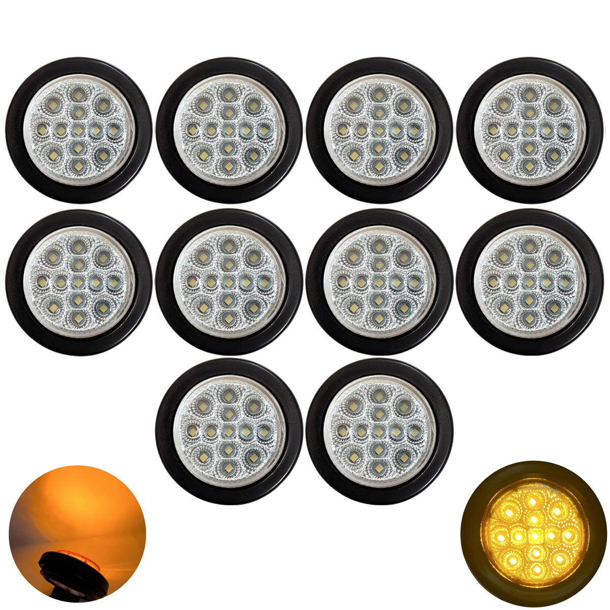 All Star Truck Parts 2" Round Amber/Red 13 LED Light Side Marker Clearance Clear Lens Reflector Lens Rubber Grommet + Removable 2 Wire Pigtail Plug IP67 Waterproof Trailers RV's Trucks Off Road 12V