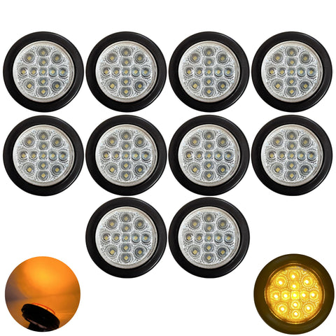 2" Round Amber/Red 13 LED Light Side Marker Clearance Clear Lens Reflector Lens Rubber Grommet + Removable 2 Wire Pigtail Plug IP67 Waterproof Trailers RV's Trucks Off Road 12V