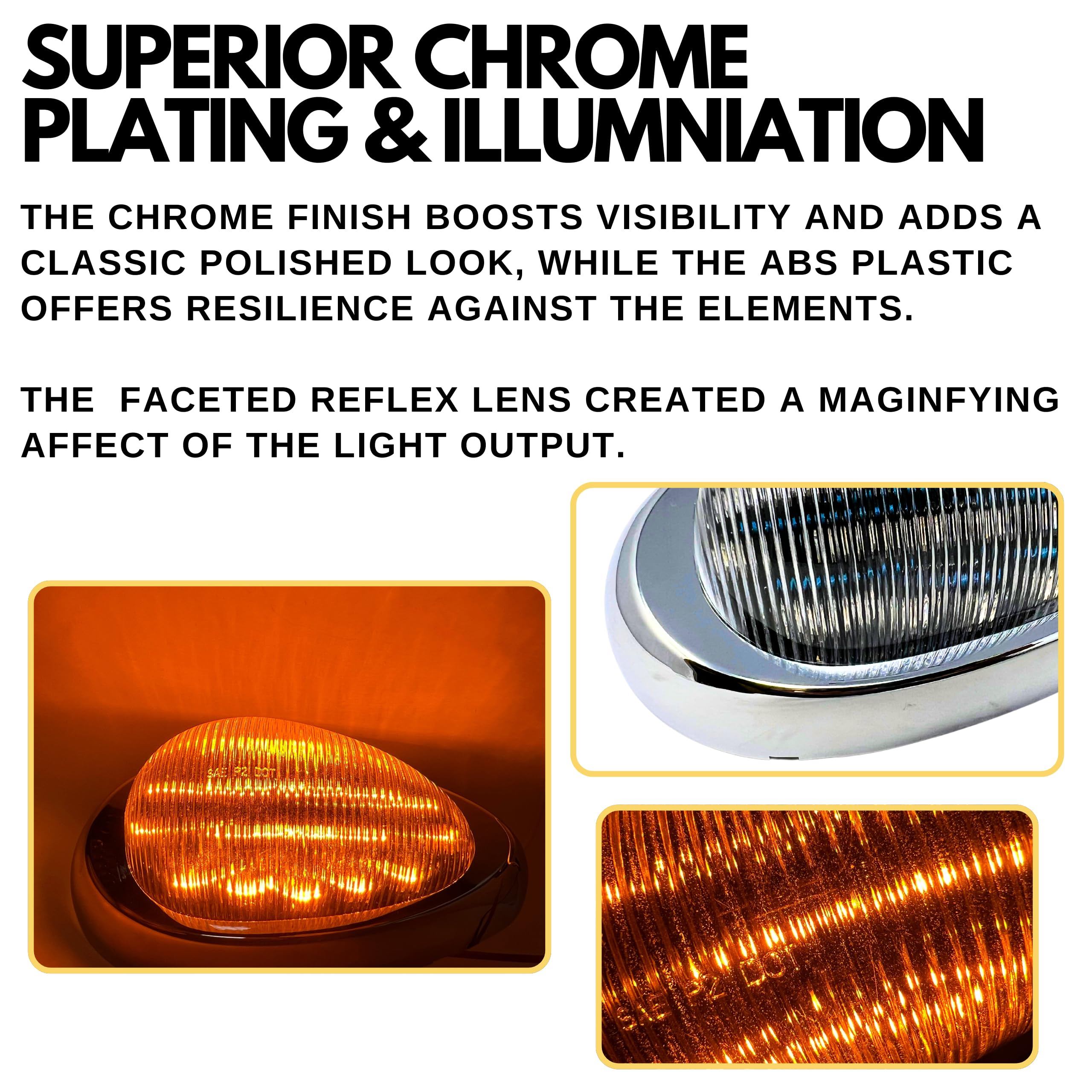 Pair (Qty 2) 6" Amber Sleeper Cab LED Side Marker/Turn Signal Led Light Clearance For Freightliner Century/Columbia Surface Mount Chrome Bezel Amber 15 LED Clear Lens Oval Sealed